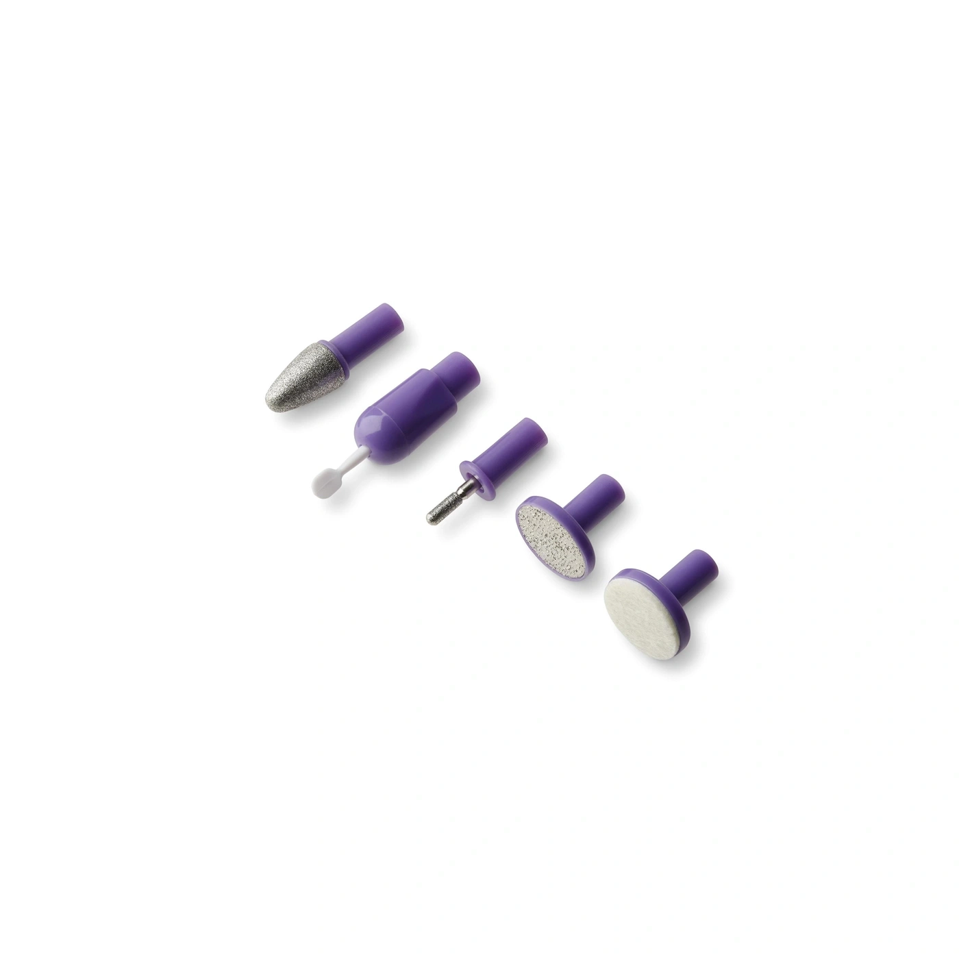 Cinque punte per fresa per unghie viola su sfondo bianco.