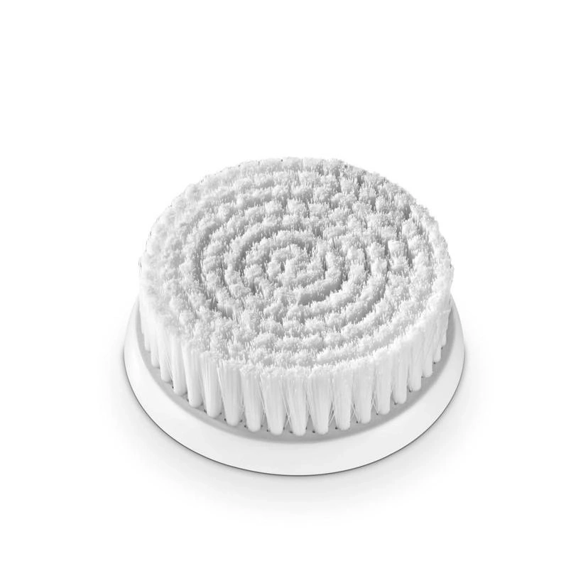 A white brush head with spiral bristles on a white background.