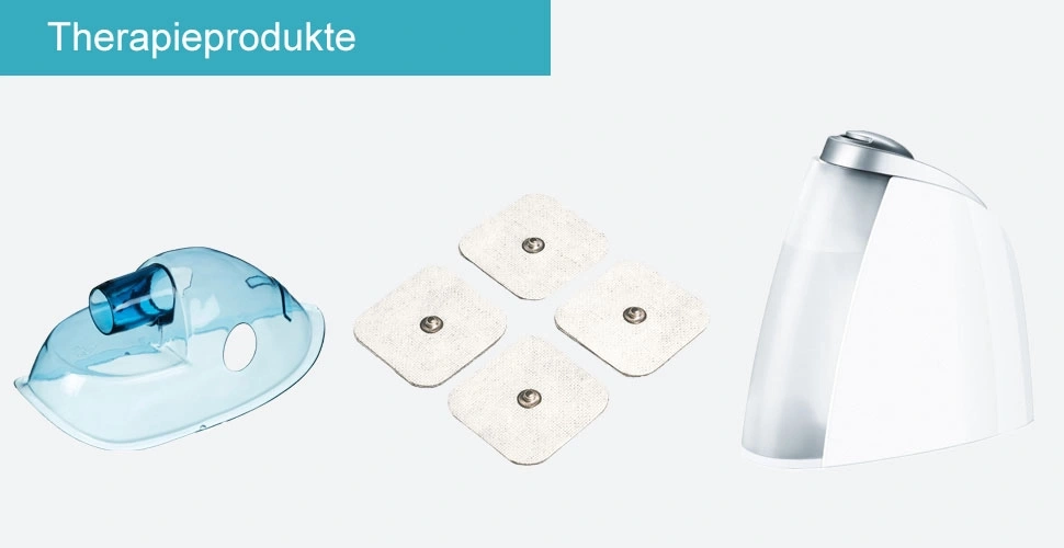 Therapieprodukte: Maske, Elektroden, Inhalator. Medizinische Geräte für die Therapie.
