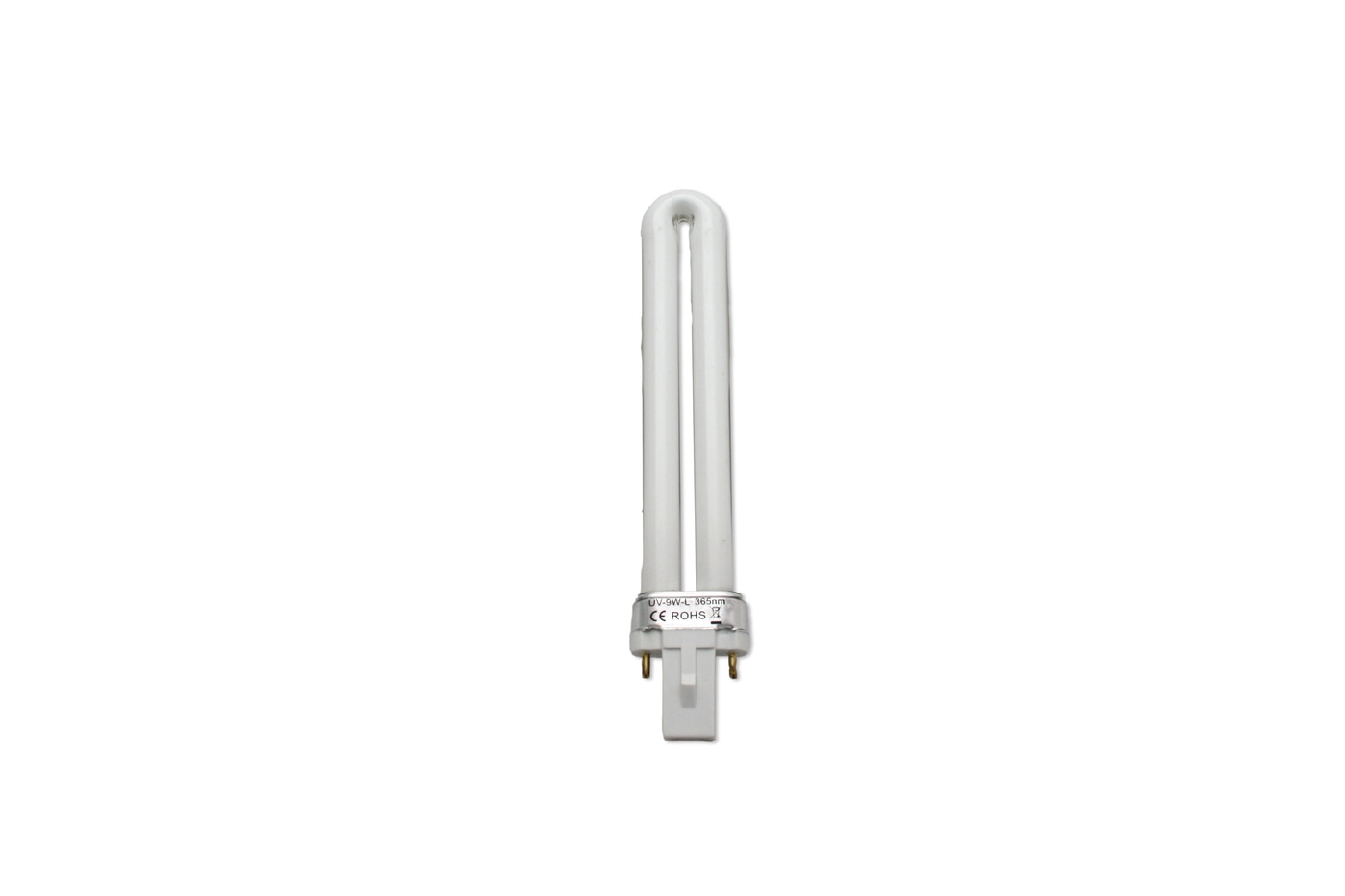 U-vormige lamp, wit, met markeringen UV-9W-L 365nm, CE ROHS, geïsoleerd op witte achtergrond
