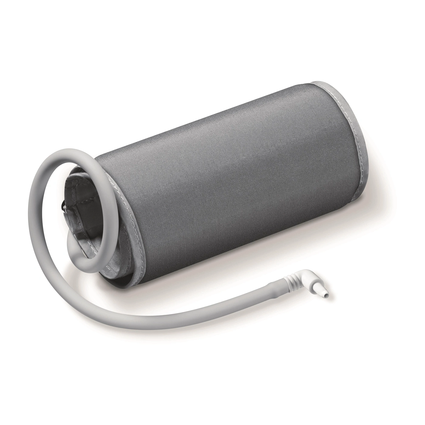 A gray blood pressure cuff tube with a white connector.