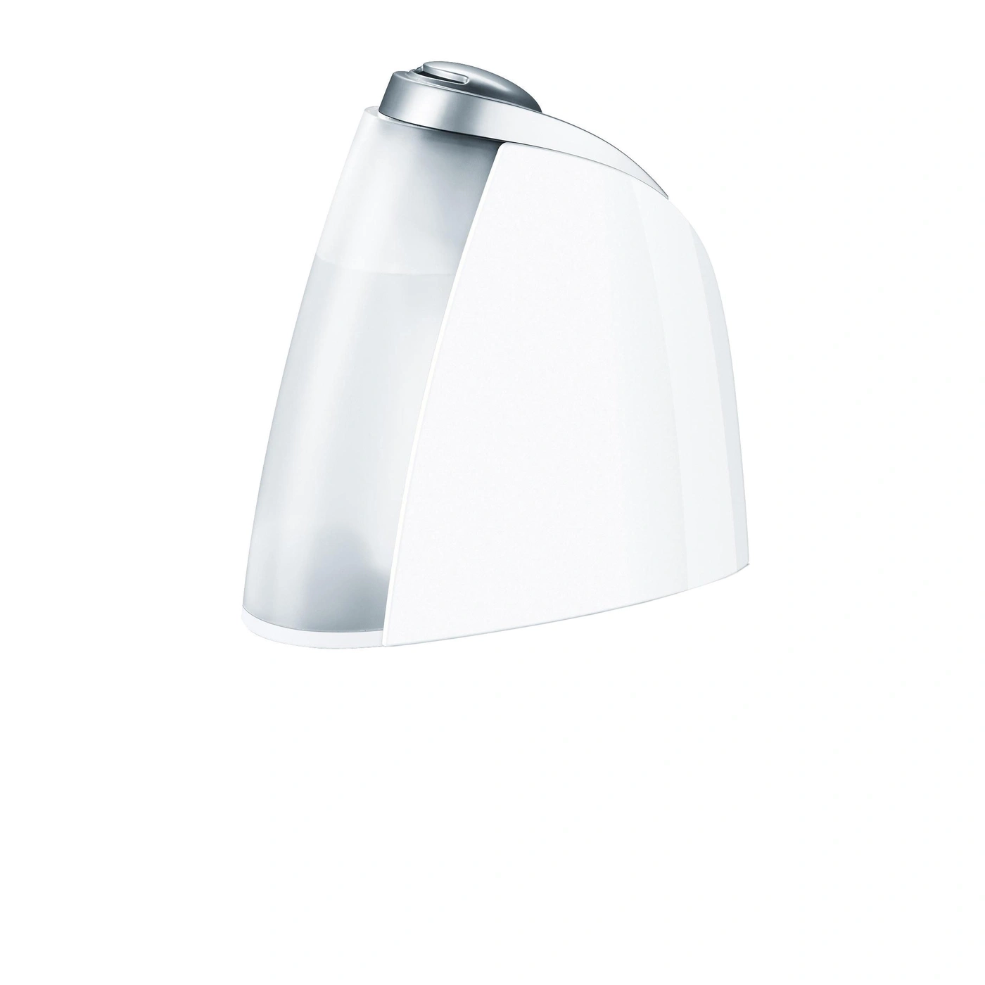 Un umidificatore bianco con serbatoio dell'acqua trasparente e coperchio argentato.
