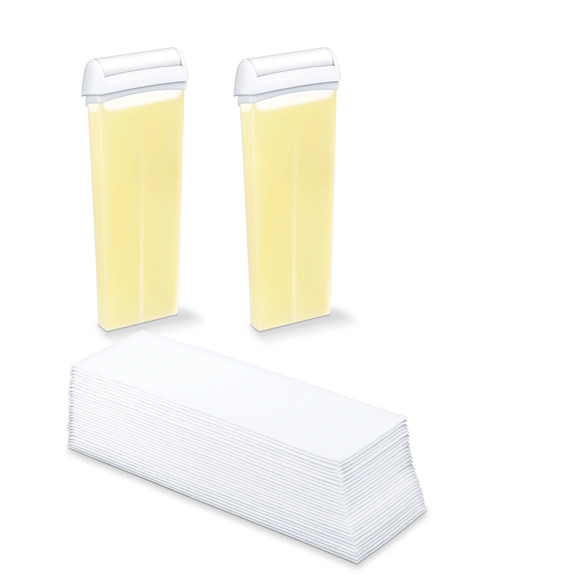 Due cartucce di cera e una pila di strisce di cera su sfondo bianco.