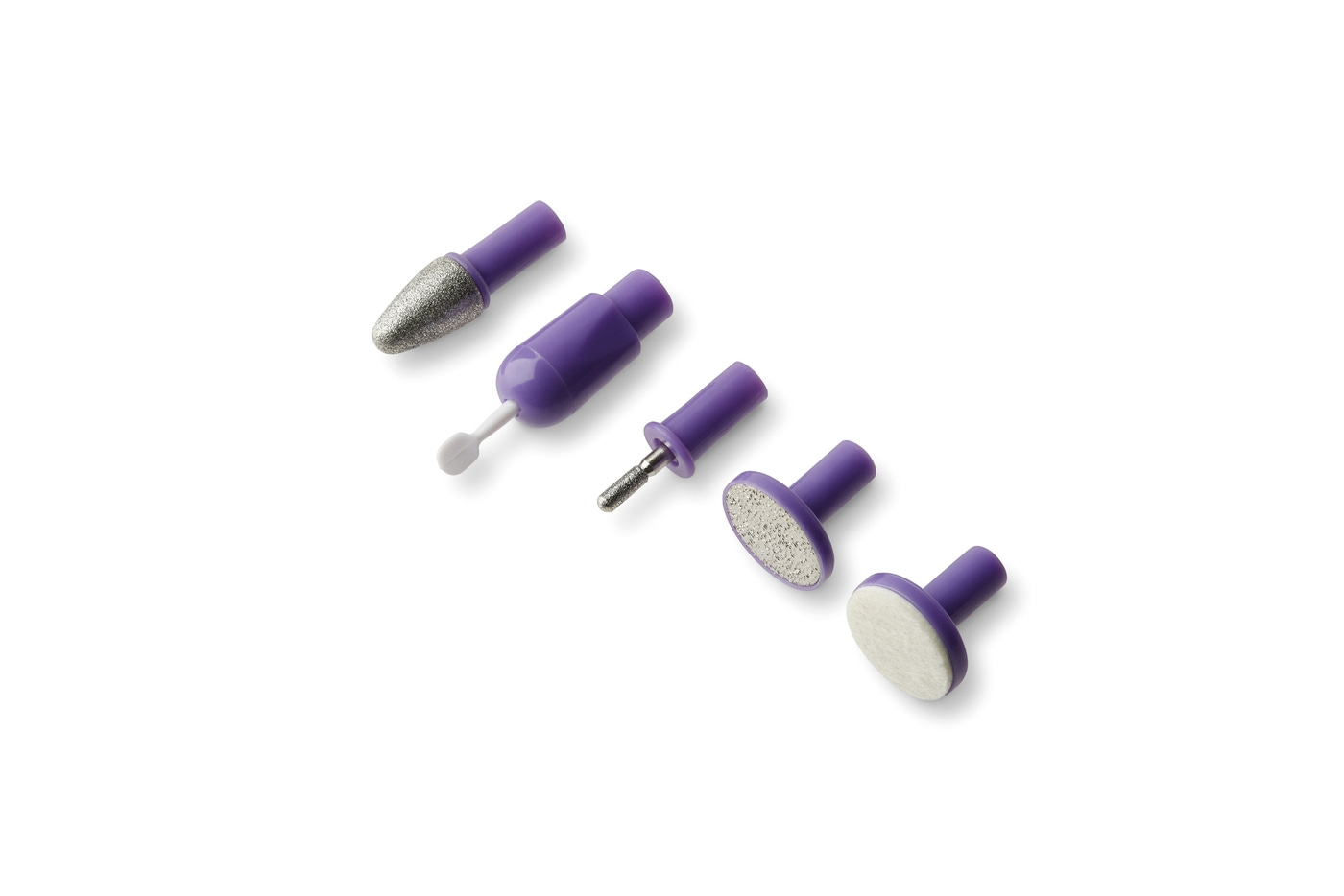 Paarse manicure gereedschappen op witte achtergrond, verschillende vormen