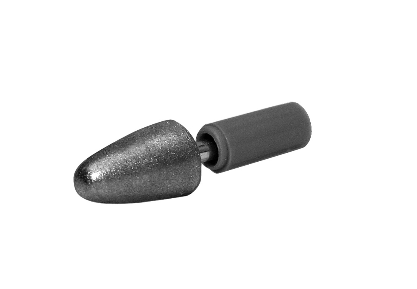 Grijs object met een conische kop en cilindrische handgreep op witte achtergrond.