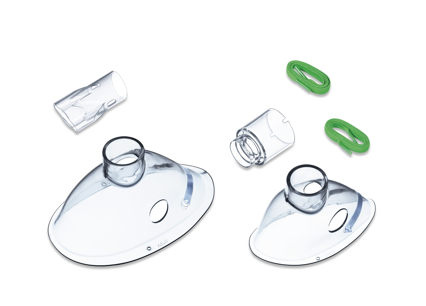 Medisch masker met accessoires, transparant, voor volwassenen en kinderen, op witte achtergrond.