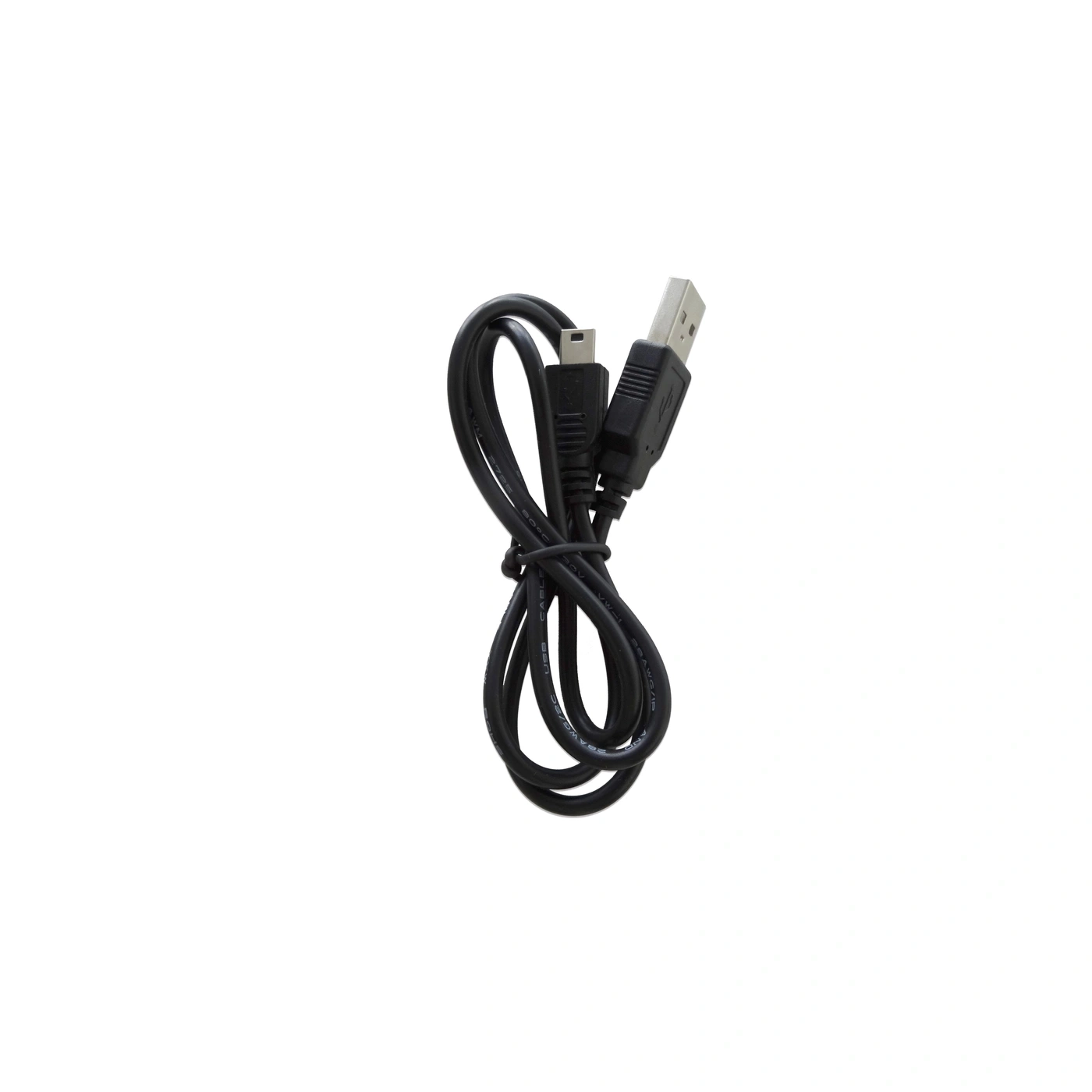 Ein schwarzes USB-Kabel mit Mini-USB-Anschluss, aufgewickelt.