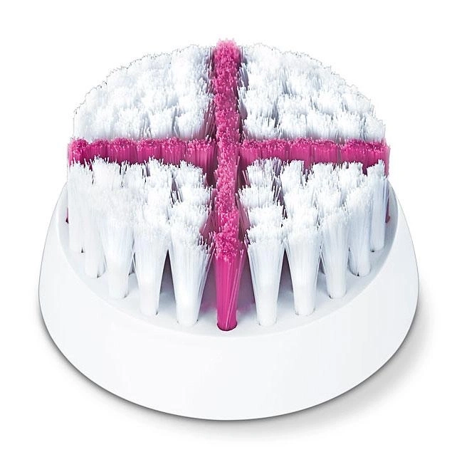A white brush head with pink bristles in the center.