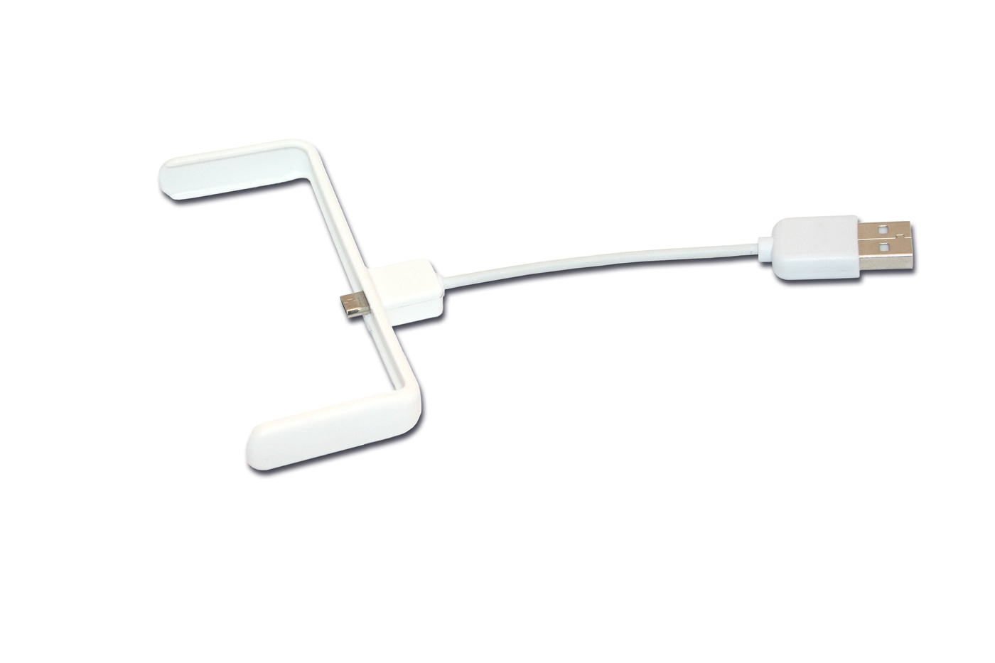 Hvidt USB-kabel med holder isoleret på hvid baggrund, nærbillede