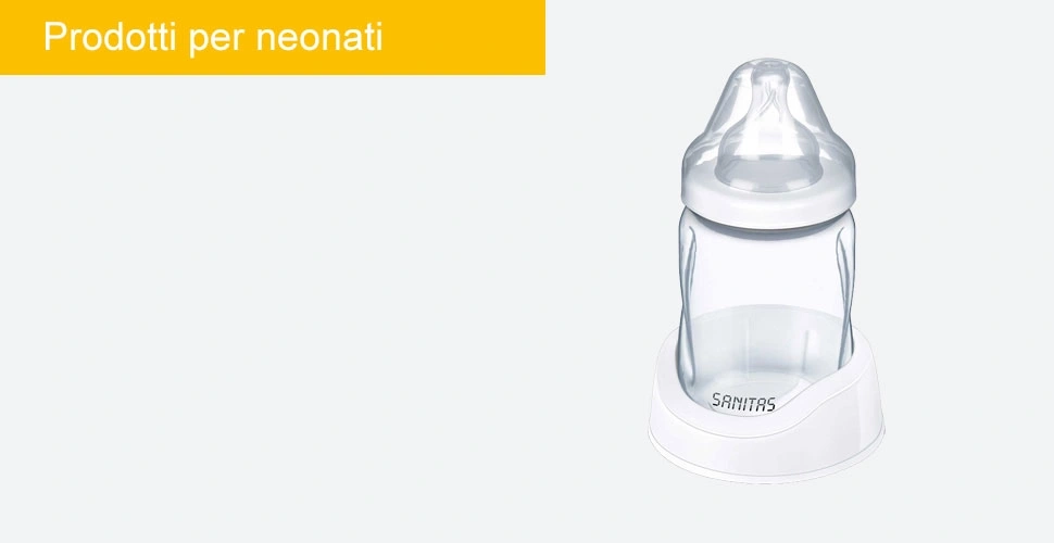 Biberon con tettarella e supporto, prodotto per neonati, marchio Sanitas