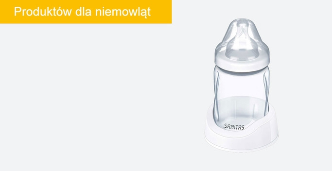 Butelka dla dziecka z białą podstawą i przezroczystym pojemnikiem, marka Sanitas.