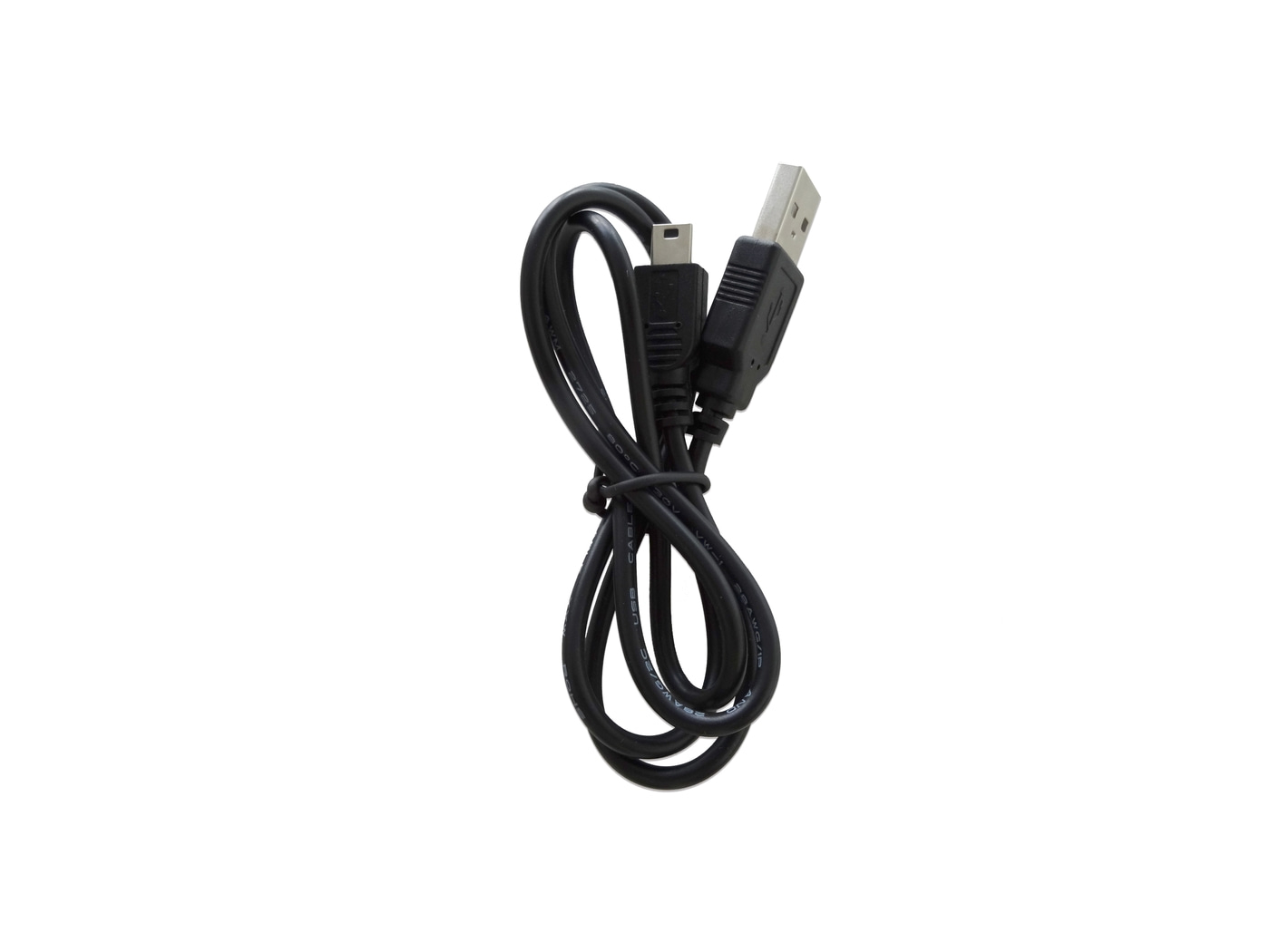 Zwarte USB-kabel met micro-USB-connector geïsoleerd op witte achtergrond.