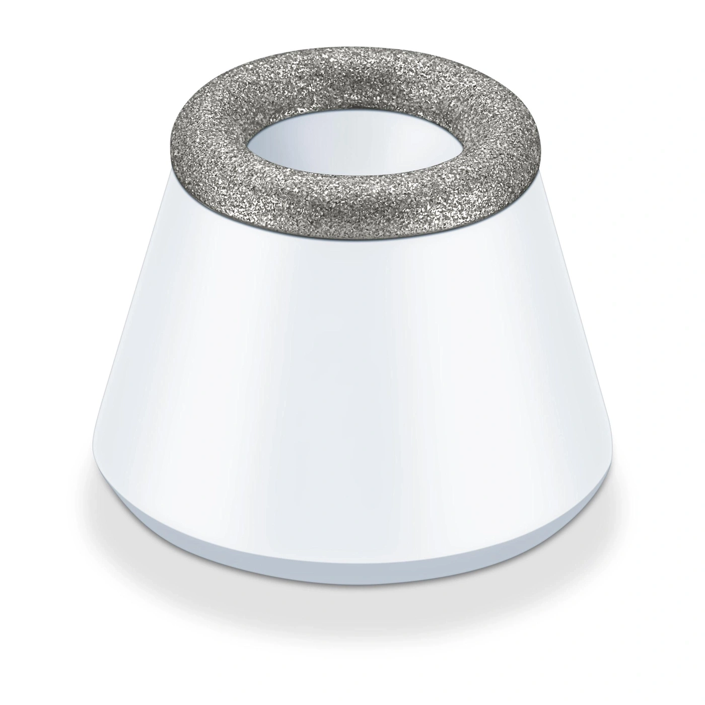 A conical white object with a rough ring on top.